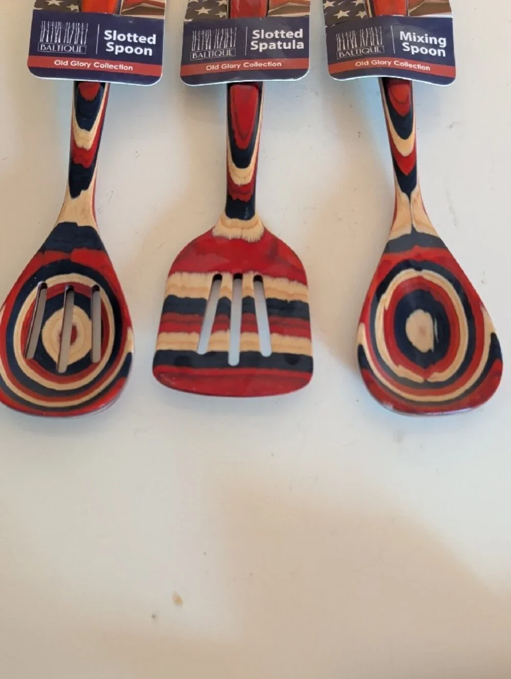 NWT. Old Glory Collection Red Navy Striped Wooden Kitchen Utensils Set - 3pc